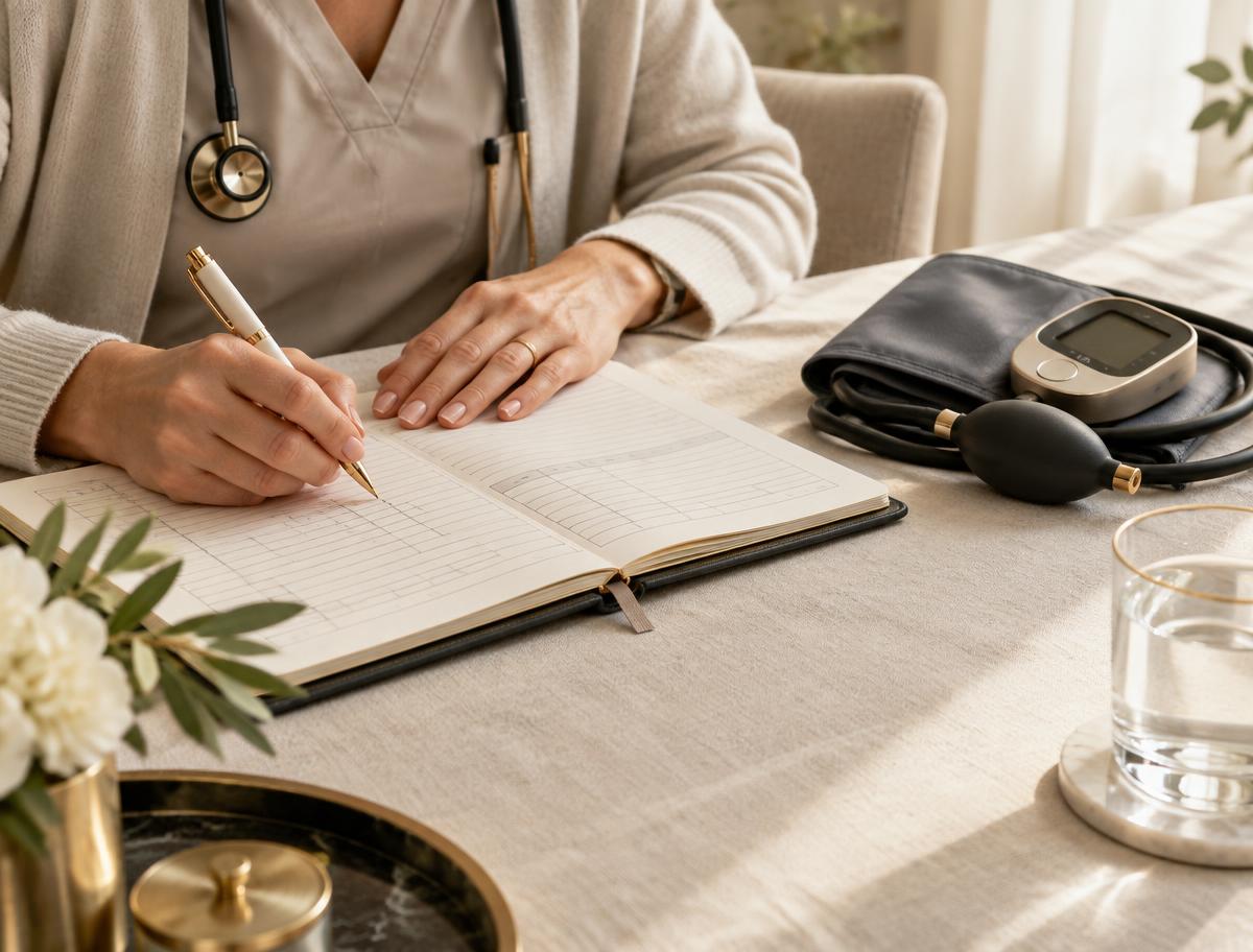 A registered nurse carefully documenting recovery observations